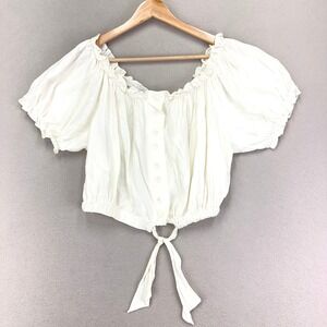 Vintage Anchor Blue Blouse Womens S/M White Puff Sleeve Cropped Milk Maid Whimsy